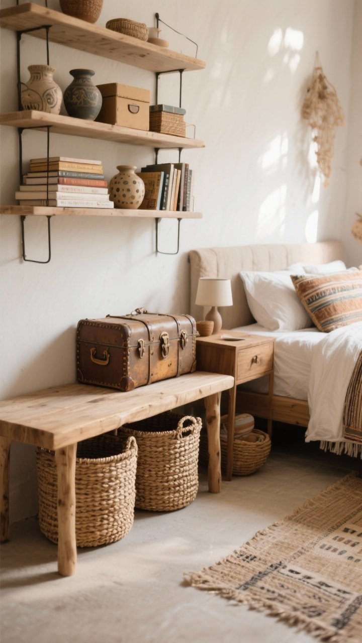 Medium shot of boho-friendly storage solutions: woven baskets under a bench and beside the bed, a vintage trunk used as a nightstand or at the bed’s foot, and open shelving styled with stacked books, small lidded boxes, and handmade ceramics; clutter contained yet decorative; warm natural light; photorealistic.