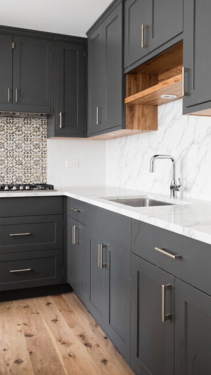 Medium shot of charcoal gray cabinets in a modern kitchen, not fully black—soft, deep gray tone; brushed nickel bar pulls and a chrome faucet; warm wood accents and visible white oak flooring for contrast; backsplash options include a simple white tile and a patterned encaustic tile panel behind the stove; counters in white quartz with subtle veining; lighting bright and even to flatter the charcoal without gloom; three-quarter angle.