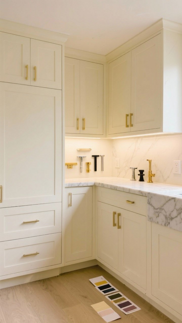 Medium shot of creamy off-white cabinets with soft yellow/greige undertones, set against light flooring; satin to semi-gloss cabinet sheen for wipeable finish; mixed metal hardware options placed on the counter (brass, nickel, black) to show versatility; swatch cards taped near the flooring and a cool marble-look counter to demonstrate undertone shift; soft, warm ambient lighting that mimics low natural light; neutral backsplash that keeps the space inviting; angled corner view.