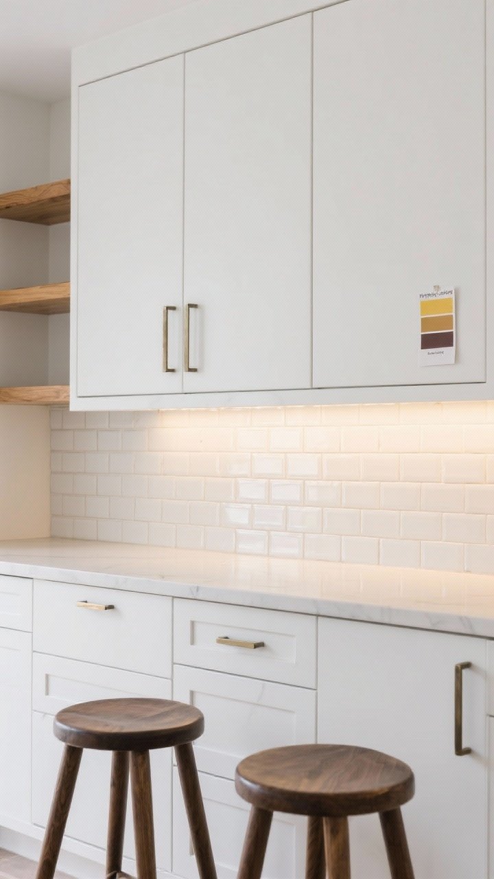 Medium shot of crisp white cabinets with a truly neutral white (neither icy nor yellow), stacked vertical subway or zellige tile backsplash for texture; warm metal hardware and soft, warm lighting under cabinets; wood accents via open shelves and a pair of stools to add warmth; a small swatch card taped to a cabinet frame noting morning/evening light testing; clean, photoreal finish; straight-on view.