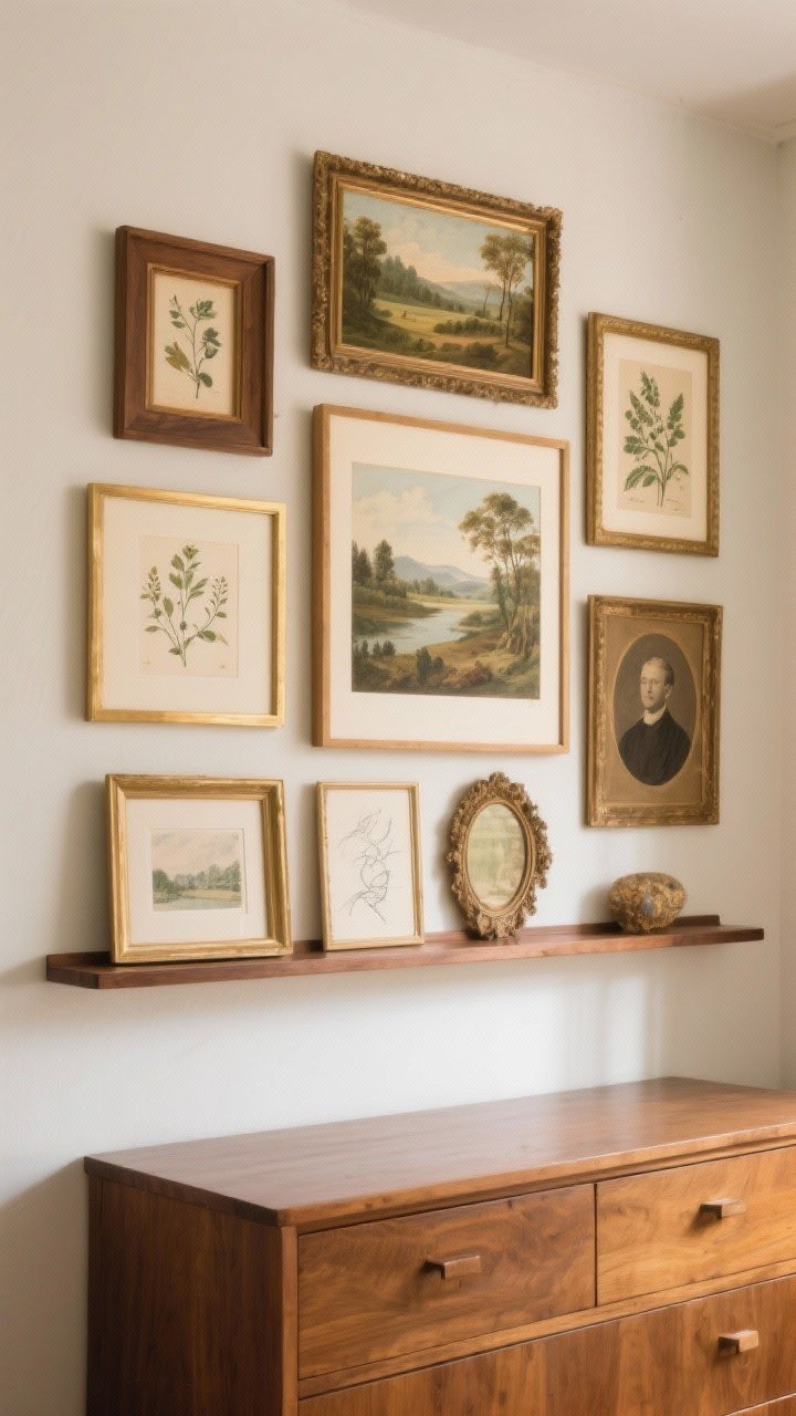 Medium shot of curated art above a dresser: mixed frames (wood, brass, painted) with landscapes, botanical prints, sketches, and a vintage portrait; artwork shares cohesive warm undertones; a picture ledge with casually overlapping frames; one larger landscape anchors the arrangement; soft, diffuse daylight; photorealistic.