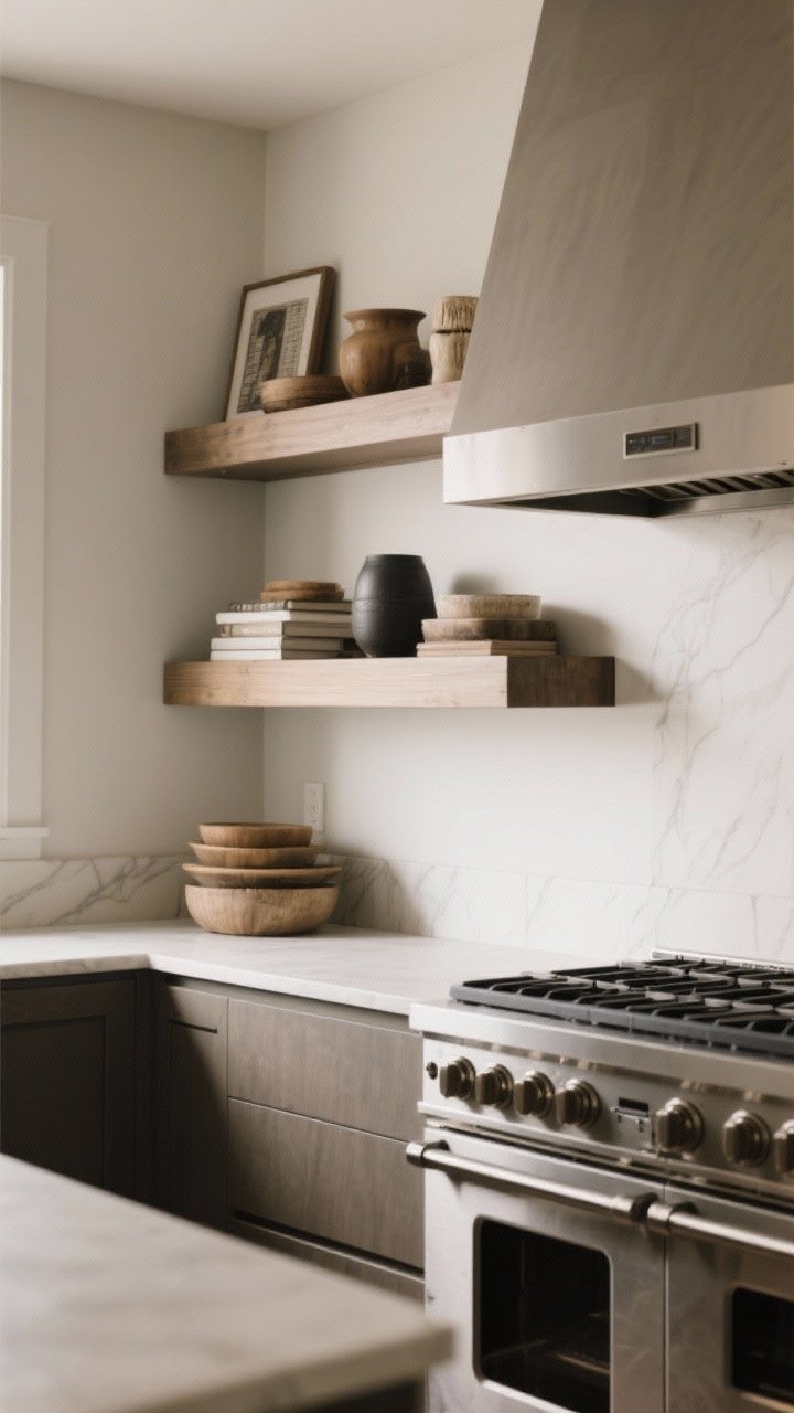 Medium shot of curated open shelving near the range: two thick (
