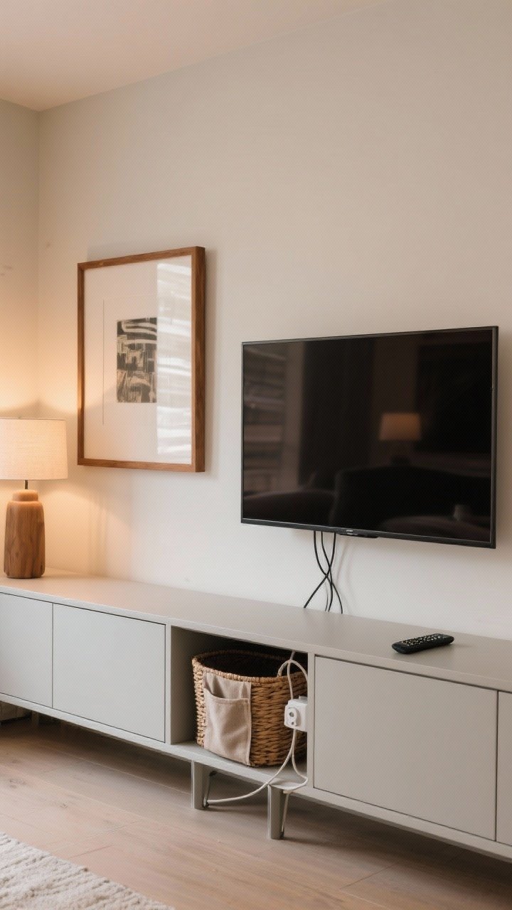 Medium shot of edited tech integration: a frame-style TV in art mode with a simple wood frame over a streamlined closed credenza hiding consoles. Painted cord channels matching the wall, a woven basket concealing a power strip, and a fabric remote caddy on the credenza. Clean, intentional styling, warm ambient lighting.