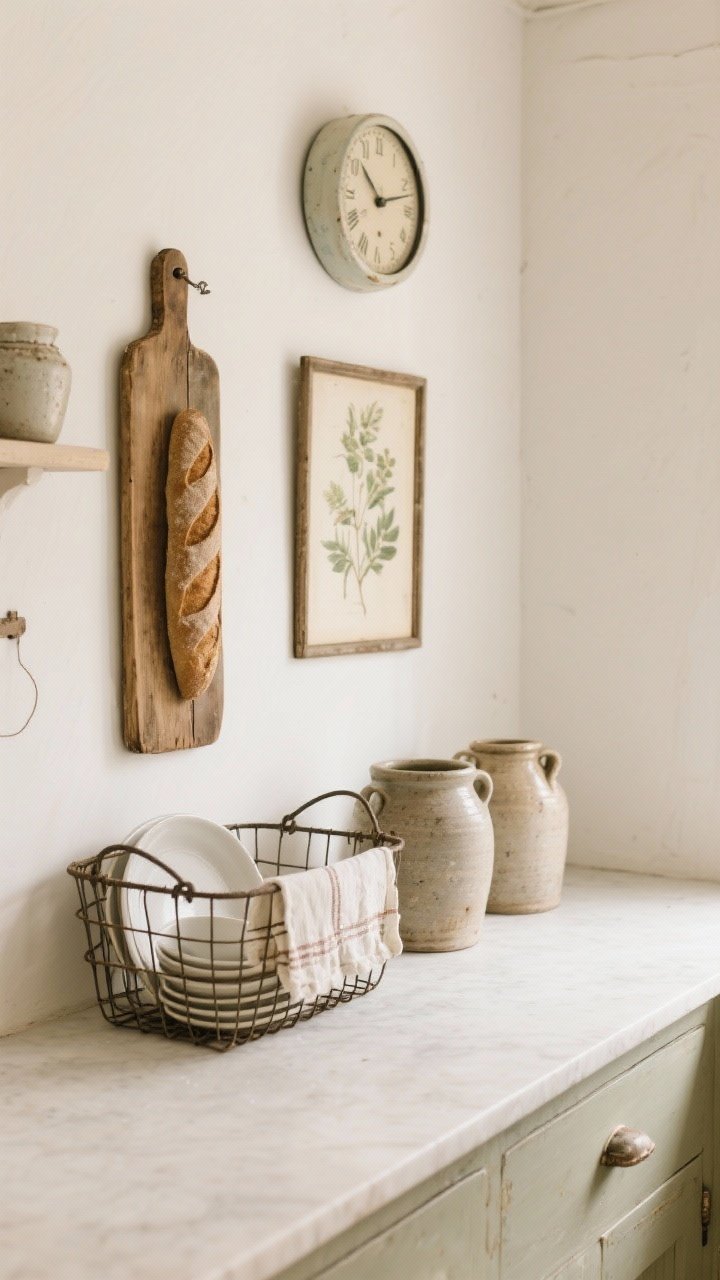 Medium shot of edited vintage accents: a warm white wall with a simple round clock, an old breadboard and framed botanical print arranged casually, stoneware crocks on the counter, and a vintage wire basket holding dish cloths; neutral palette with patina, clear surfaces to avoid an antique-store overload.
