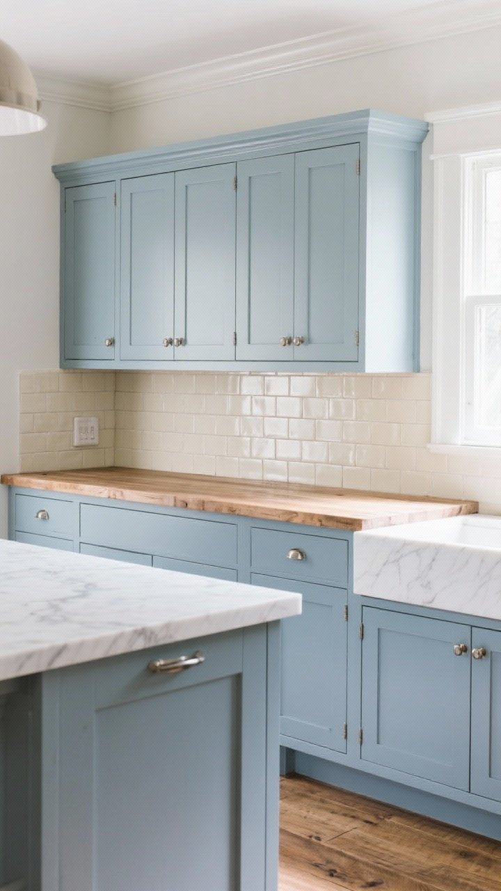 Medium shot of French blue cabinets—muted, gray-based blue that feels airy and elegant; creamy subway tile backsplash and polished nickel hardware; butcher block perimeter counters with a small section of white quartz with light veining on the island; soft natural daylight for a light, coastal-but-refined mood; European-inspired styling with simple molding; angled perspective from island height.
