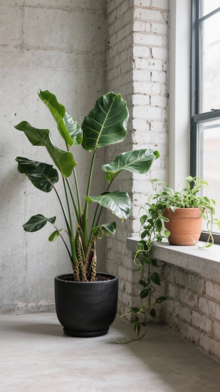 Medium shot of greenery balancing hard edges: a snake plant in a matte black planter near a concrete or brick wall, a rubber plant (or fiddle leaf fig) adding height by the window, and a trailing pothos on a shelf; planters in concrete, terracotta, or matte black only; bright but soft natural light.