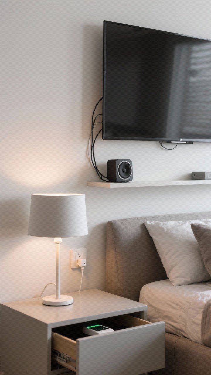 Medium shot of media wall: Discreet tech setup—wall-mounted TV with paintable cord cover concealing wires, a compact speaker blending into a shelf, and a nightstand drawer slightly open to reveal a built-in charging dock. A smart plug on the lamp and no visible bright LEDs (tiny lights dimmed).