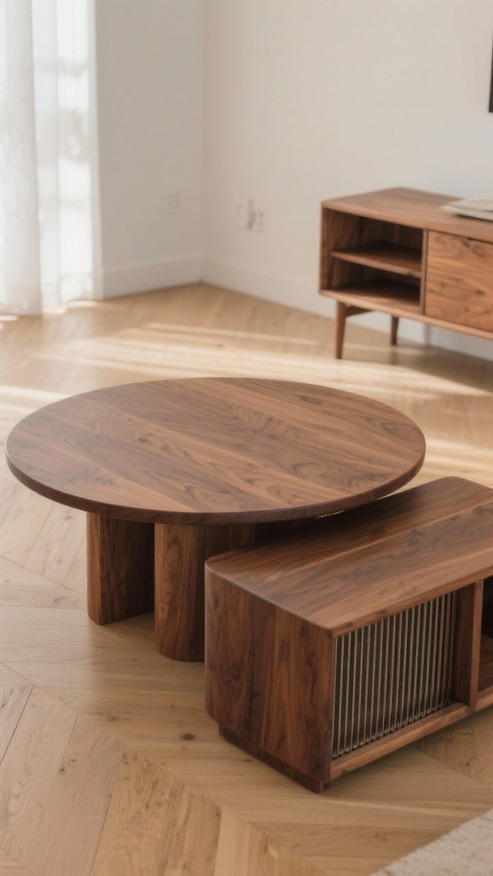 Medium shot of mixed natural woods done refined, not rustic: oak and walnut used together, capped at two tones. Matte-finish round or oval coffee table with visible grain, a side table with slatted or ribbed-front storage. Light wood floors contrasted by a medium-tone wood table. Natural, indirect light to show grain without gloss.