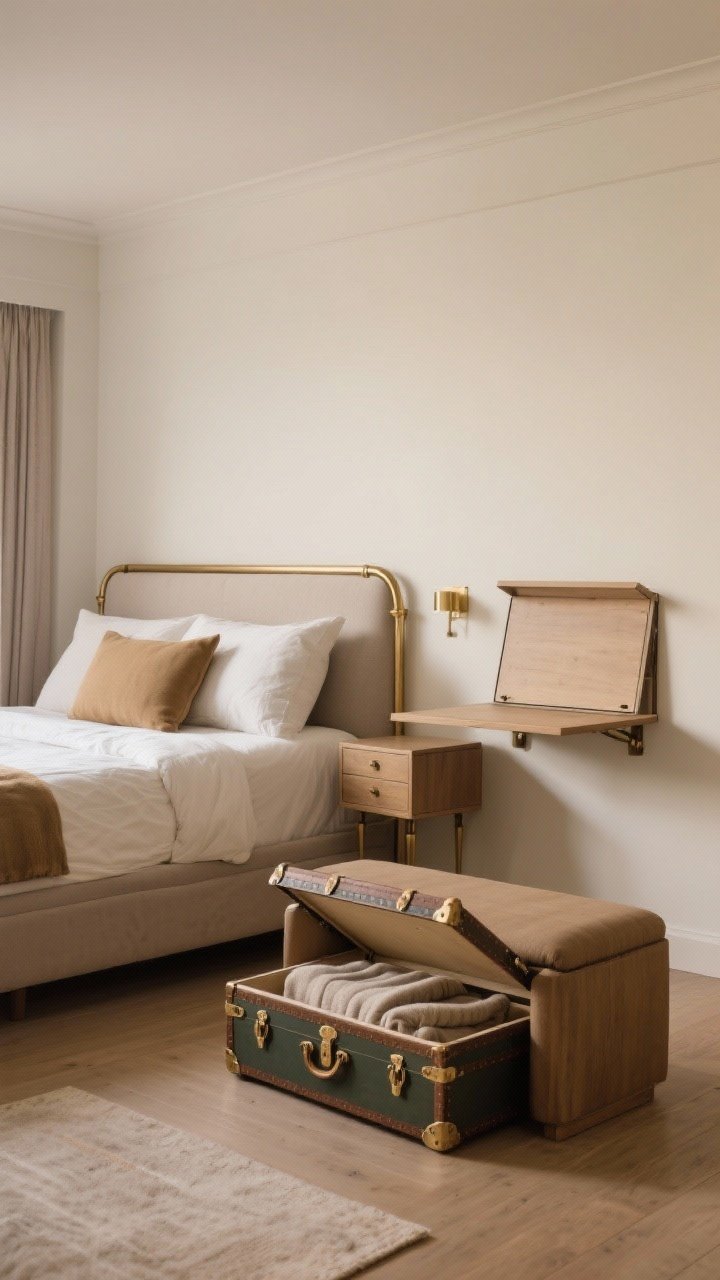 Medium shot of multifunctional pieces: a storage bench at the end of the bed with a lift-up seat for blankets, a vintage-style trunk serving as a nightstand, and a wall-mounted fold-down desk closed neatly against the wall; finishes coordinated with soft brass hardware and the bed frame; warm, practical ambiance, photorealistic