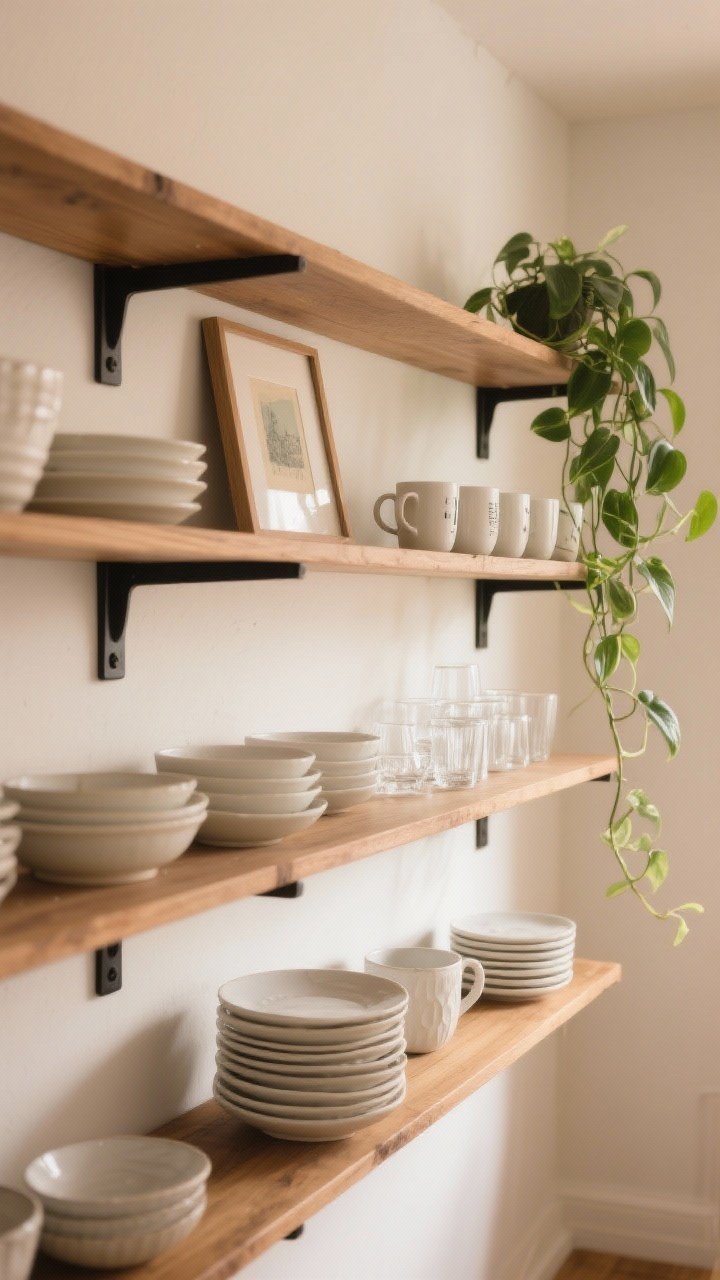 Medium shot of open wood shelves with matte black brackets against a warm white wall; shelves curated with stacked everyday white stoneware dishes and bowls, clear glasses, a small framed print tucked behind a row of mugs, and a trailing pothos plant cascading for layered heights; soft side lighting highlighting texture, no clutter.