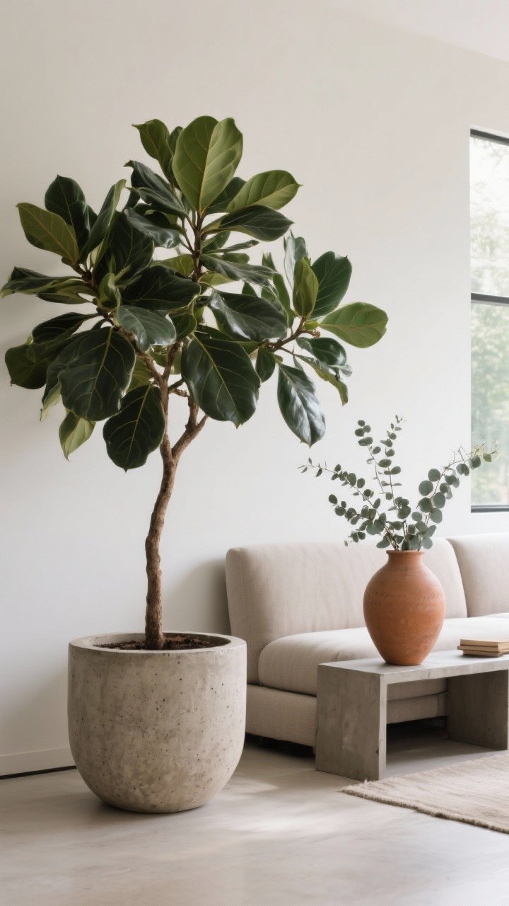 Medium shot of sculptural greenery: a single large olive tree or rubber plant in a textured concrete planter beside a sofa, with an oversized vase holding eucalyptus branches on a console. No shiny finishes, planters in stoneware/terracotta. Bright but diffused daylight from a nearby window, emphasizing organic forms and negative space.