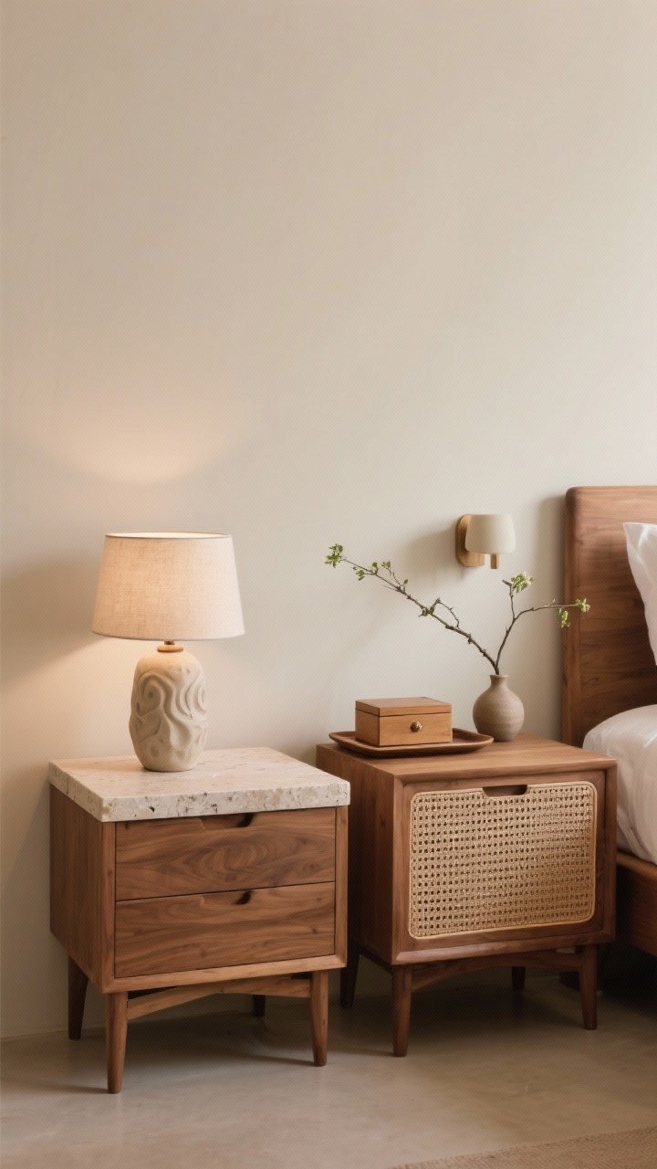 Medium shot of simple-but-luxe nightstands flanking the bed: warm wood nightstands with clean lines, one featuring a soft stone top and the other with a cane-front drawer; each styled with a ceramic lamp (or sculptural sconce visible), a small lidded box on a tray, and a single bud vase with a branch; balanced composition, warm neutral palette, soft bedside lighting.
