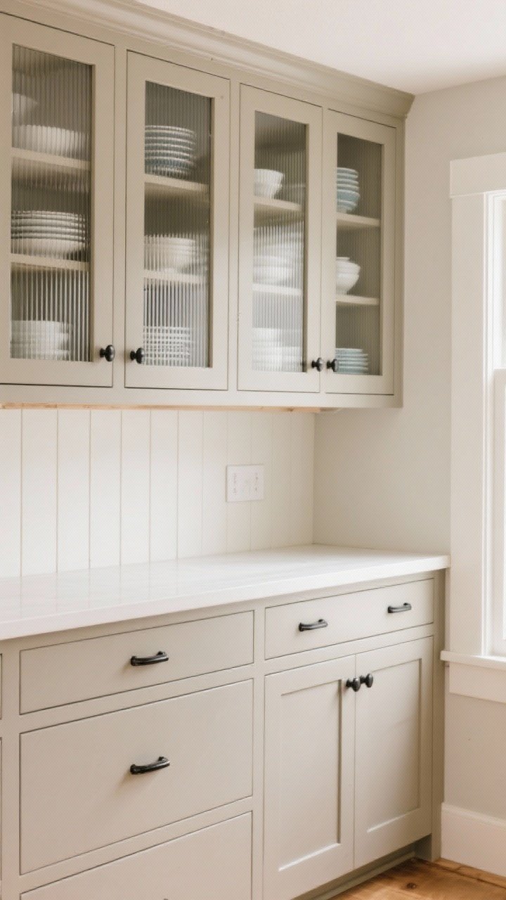 Medium shot of upgraded cabinets: simple shaker doors painted warm greige, select uppers swapped for ribbed glass fronts showing neatly arranged dishes, and black latches plus cup pulls adding character; neutral backdrop with subtle wood accents and bright, even natural light to showcase the details.