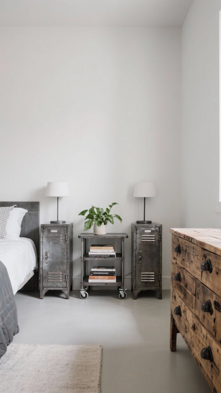Medium shot of utility furniture with style: a pair of metal locker nightstands flanking the bed, a mobile rolling cart used for books and a plant, and a reclaimed wood dresser with iron pulls; leave negative space around pieces to let strong lines breathe; neutral walls, practical mood lighting.