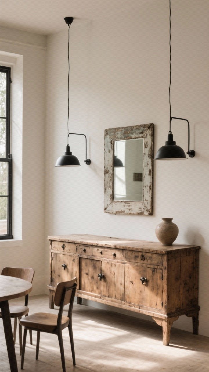 Medium shot: One standout vintage piece—a timeworn antique sideboard in solid wood with original hardware and gentle patina; balanced by clean-lined modern black metal lighting overhead and simple contemporary chairs; styled minimally with a weathered mirror above and a small ceramic vase; warm, natural afternoon light.