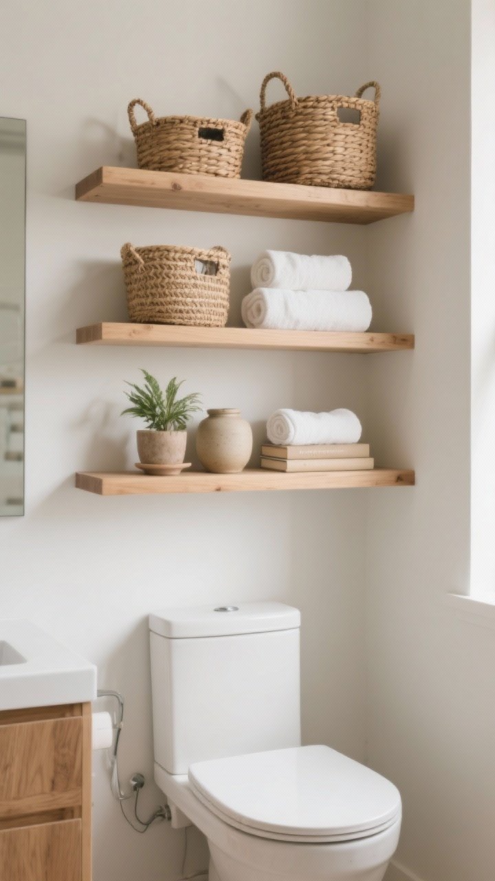Medium shot: Open floating wood shelves over a toilet, styled with a mix of woven baskets, rolled white towels, a small potted plant, a ceramic jar, and a couple of neutral-toned books; repeated materials—wood, ceramic, woven fiber—kept minimal. Soft, indirect daylight, uncluttered and pretty.