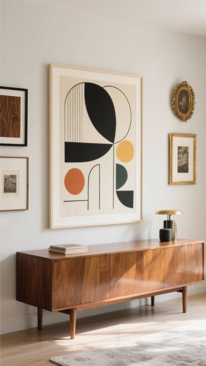 Medium shot over credenza: Abstract mid-century art focal point—a large-scale graphic print with bold shapes and clean lines, floated in a cream-matted frame; a small gallery wall nearby mixing walnut, black, and brass frames; hint of vintage reprints; soft daylight with gentle reflections, photorealistic.