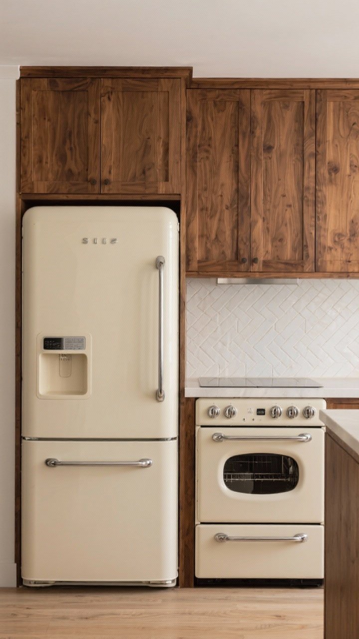 Medium shot: Paneled refrigerator and dishwasher blending seamlessly with walnut cabinetry, paired with a retro-inspired matte cream range with rounded corners and minimal handles. Stainless elements minimized. Clean backdrop of geometric tile kept quiet so appliances don’t dominate. Warm, even lighting for a calm, cohesive look.