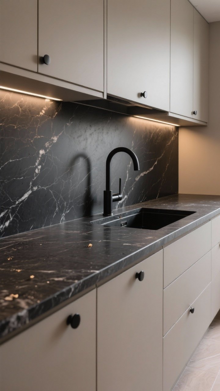 Medium shot: Perimeter counters in Nero Mist (Black Mist) granite with a honed, subtly smoky veining surface that camouflages crumbs; cabinetry in greige/taupe with soft black hardware and a matte black faucet echoing the finish; warm, even lighting that enhances the understated character; photorealistic.