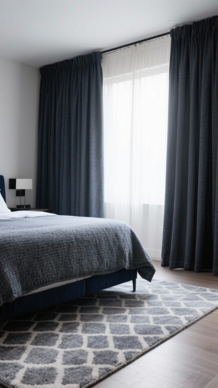 Medium shot: Rug and curtain combo that ties the room together—low-pile heathered rug in subtle geometric pattern partially under the lower half of a full bed; textured blackout curtains in a solid charcoal that avoids a hotel look. Palette coordination: cool grays with navy and black accents. Soft, filtered daylight through the curtains.