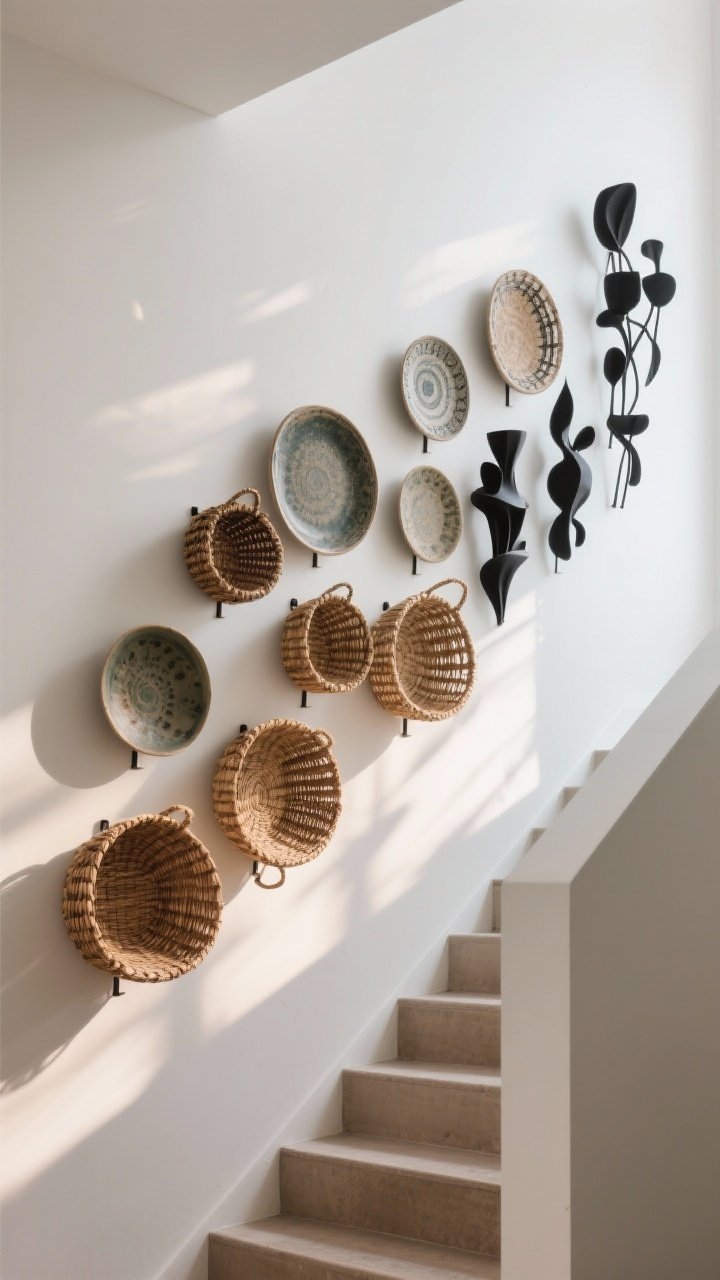 Medium shot: Sculptural wall arrangement along the stairs with grouped woven baskets, ceramic plates, and a few matte black metal wall sculptures. Odd-number groupings (3, 5, 7) at varied depths, securely mounted with hidden anchors. Warm shadows play across the pieces from side lighting, soft white wall backdrop, photorealistic.