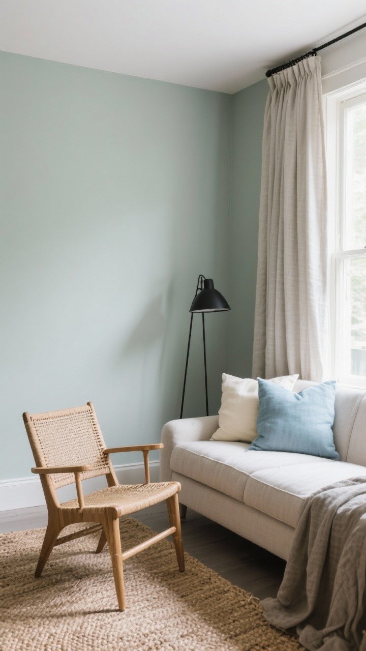 Medium shot: Serene soft sage walls with gray undertones, creating a calm-down atmosphere; layered natural textures—jute rug, rattan accent chair, linen drapery; neutral sofa with soft blue and cream pillows; matte black floor lamp providing just-right contrast; gentle morning light filtering through; photographed from a corner angle.