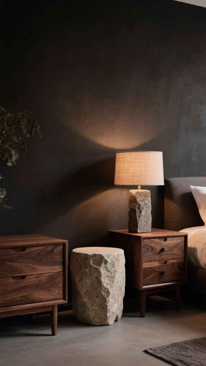 Medium shot showcasing dark wood and stone: walnut nightstands flanking a bed, a smoked oak dresser, and a round travertine side table; add a stone-look lamp with a linen shade for balance; warm, low lighting highlights the natural grain and matte stone textures against deep-toned walls.