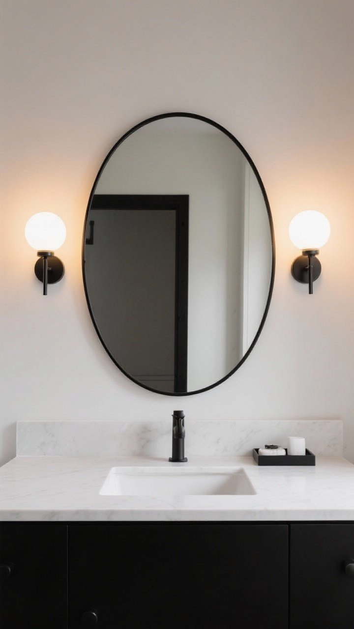 Medium shot: Statement mirror and lighting—thin black metal round mirror centered above a white vanity, flanked by globe sconces mounted at about 60–66 inches; warm 2700–3000K bulbs casting a flattering glow; black-and-white palette with minimal accessories; straight-on symmetrical framing to emphasize the mirror shape and double sconces.