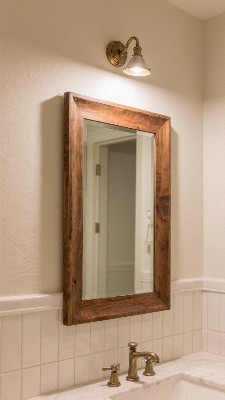Medium shot: Statement mirror moment—large wood-framed rectangular mirror hung slightly oversized above a vanity, with a petite antiqued brass picture light mounted above; linen wall color and subtle tile lines reflected in the glass. Warm, flattering illumination, boutique feel.