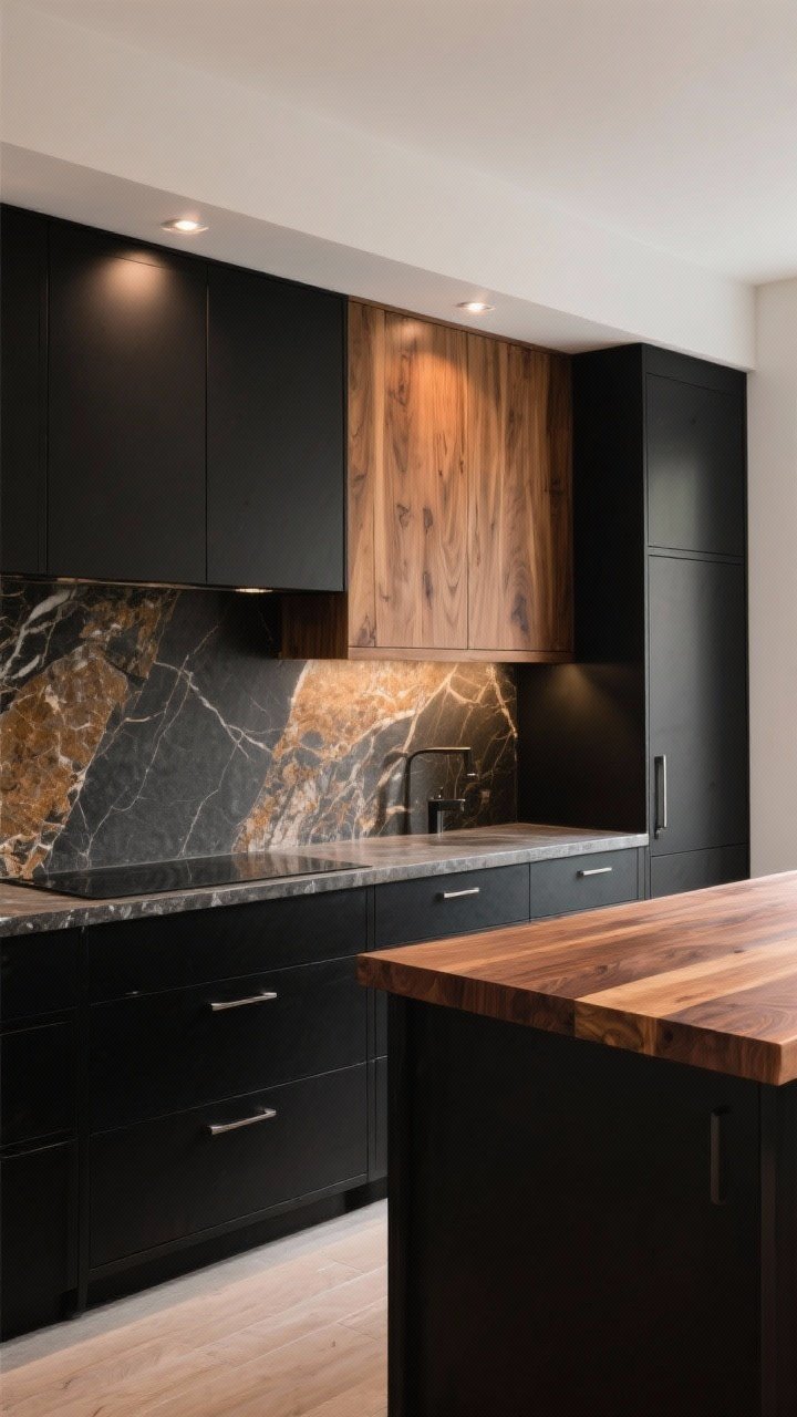 Medium shot, straight-on: Black lower cabinets with oak uppers and honed soapstone counters, plus an oak island topped with a thick walnut butcher block; include veined quartz on a back perimeter run with charcoal and caramel tones tying black and wood together; all stone in matte or honed finish under warm ambient lighting.