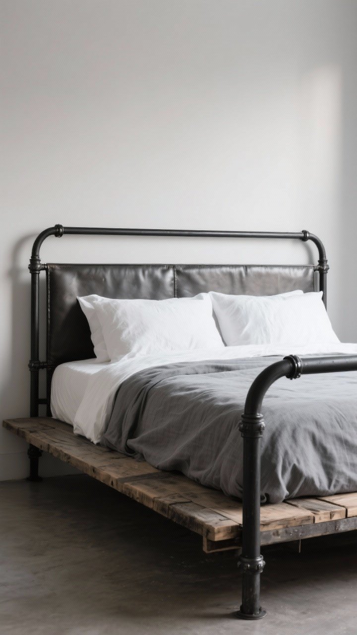 Medium shot, straight-on view of a raw, statement bed: a matte black steel pipe-frame bed with a reclaimed wood platform base, crisp gray linen duvet, white sheets, and no frills; pair with a mixed-material headboard detail (leather and metal), neutral palette, soft diffused lighting for a tailored look.