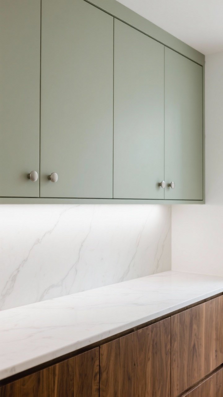 Medium shot: Straight-on view of flat-front (slab) cabinets with a semi-matte finish—walnut lowers paired with painted uppers in dusty sage. Include minimal round knobs in satin nickel on uppers and slim edge pulls on lowers. Neutral white quartz countertop, soft indirect daylight to reduce glare, clean lines emphasized.