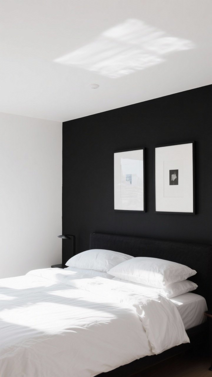 Medium shot: Strategic white balance—black walls with a crisp white ceiling reflecting light; white sheets and a bright white duvet on a dark bed frame; black frames with white mats displaying simple prints above the headboard; clean morning light giving the room a fresh, modern lift.