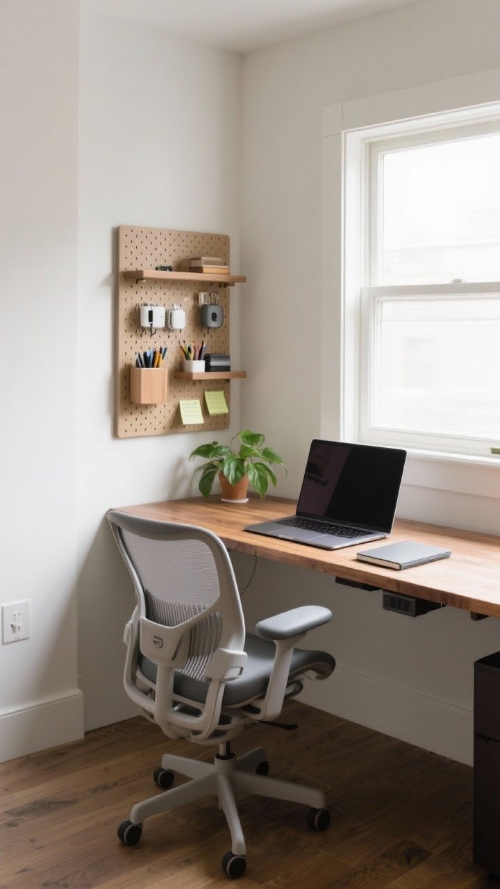 Medium shot: Study nook he’ll use—40–48 inch wood desk with a laptop, single monitor, and notebook space; ergonomic chair with visible lumbar support; wall-mounted shelves and a pegboard organizing supplies; compact desktop organizers for chargers, pens, sticky notes. A small green plant on the desk. Bright natural window light.