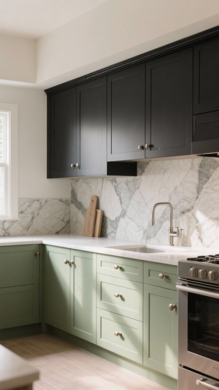 Medium shot: Tailored, quiet-trend kitchen with soft black upper cabinets (charcoal-ink), putty green lowers, linear hardware, and a stone slab backsplash that ties both tones; mix of drawer pulls and knobs for visual interest; warm white or greige wall color around, lit with soft natural light for a refined, photorealistic scene.