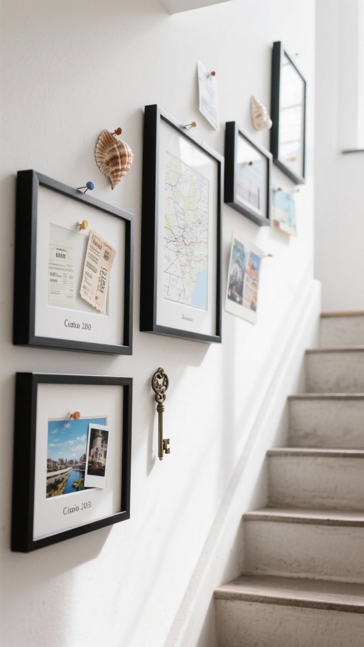 Medium shot: Travel wall along the stairs featuring black frames with white mats showcasing maps, tickets, postcards, and polaroids. Tiny ledges and pins hold 3D mementos like shells and a vintage key. Simple labels beneath frames reading city and date. Clean composition following the incline, bright natural daylight, photorealistic.