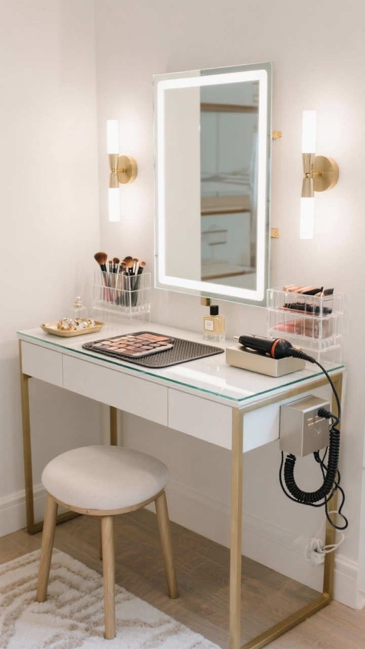 Medium shot: Vanity that doubles as decor—a compact vanity or desk with a pivoting mirror, good lighting via an LED-lit mirror or twin sconces flanking it, clear acrylic organizers for palettes and brushes, a heat-safe mat for hot tools, and a cable box to hide cords; add a chic stool and a small tray for perfume and jewelry; bright, even task lighting with subtle glam.
