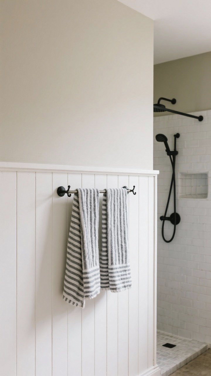 Medium shot: Vertical shiplap wainscoting painted soft white up to mid-wall with smooth greige above, paired with a tiled shower zone in the background to suggest moisture-safe contrast; a simple peg rail with a few matte black hooks holding striped towels. Gentle daylight, calm vintage feel, clean lines.