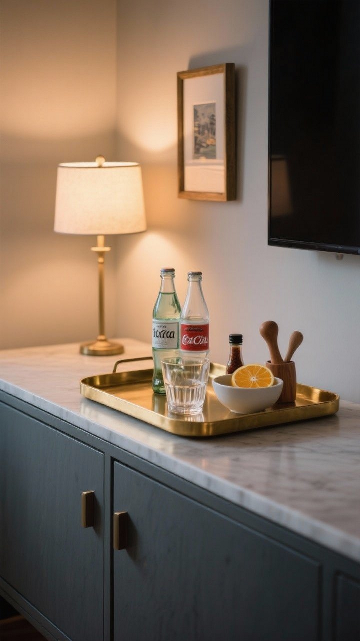 Medium shot vignette: A compact bar moment atop the credenza—a brass-edged tray with two favorite spirits, soda water, bitters, and a citrus bowl; simple glassware (lowballs and coupes); styled with a small lamp, a framed mini print, and a wooden muddler for texture; cozy evening glow, photorealistic.