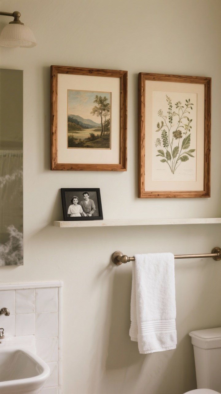 Medium shot: Vintage-style art arrangement in a bathroom—oil landscape and botanical print in warm wood frames forming a mini gallery above a towel bar; a small black-and-white family photo leaned on a narrow shelf away from direct steam. Balanced, intentional styling with warm, gentle light.