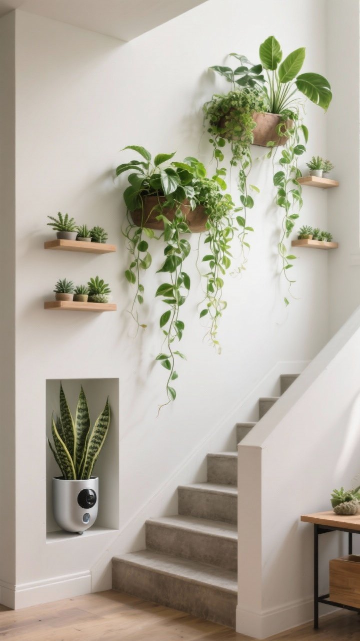 Medium shot: Wall-mounted planters with cascading pothos and philodendron trailing down the stair wall, mixed with tiny shelves holding succulents. Include a couple of sleek self-watering planters. Low-light-friendly snake plant in a niche near the landing. Fresh, verdant feel with soft natural light, photorealistic.