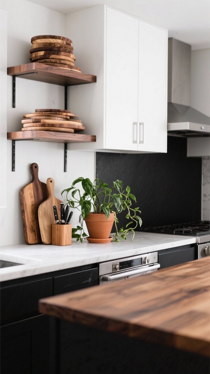 Medium shot: Warmth through natural elements—black-and-white kitchen with walnut open shelves styled with stacked wooden cutting boards, a wooden knife block, and a terracotta planter holding a trailing pothos; white uppers, black lowers, and a butcher block island; soft daylight to emphasize warm wood tones against monochrome.