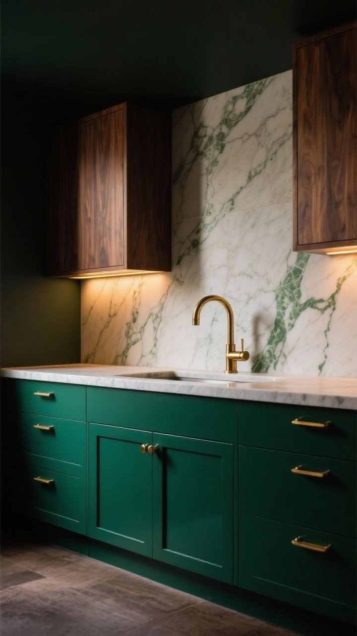 Medium shot with moody jewel tones balanced by neutrals: emerald lower cabinets with walnut uppers or accents, lighter neutral backsplash, and veined marble/quartz countertops with faint green veining; warm LED under-cabinet lighting to soften saturation; unlacquered brass pulls and a matching brass bridge faucet; overall rich, dramatic mood without feeling cave-like.
