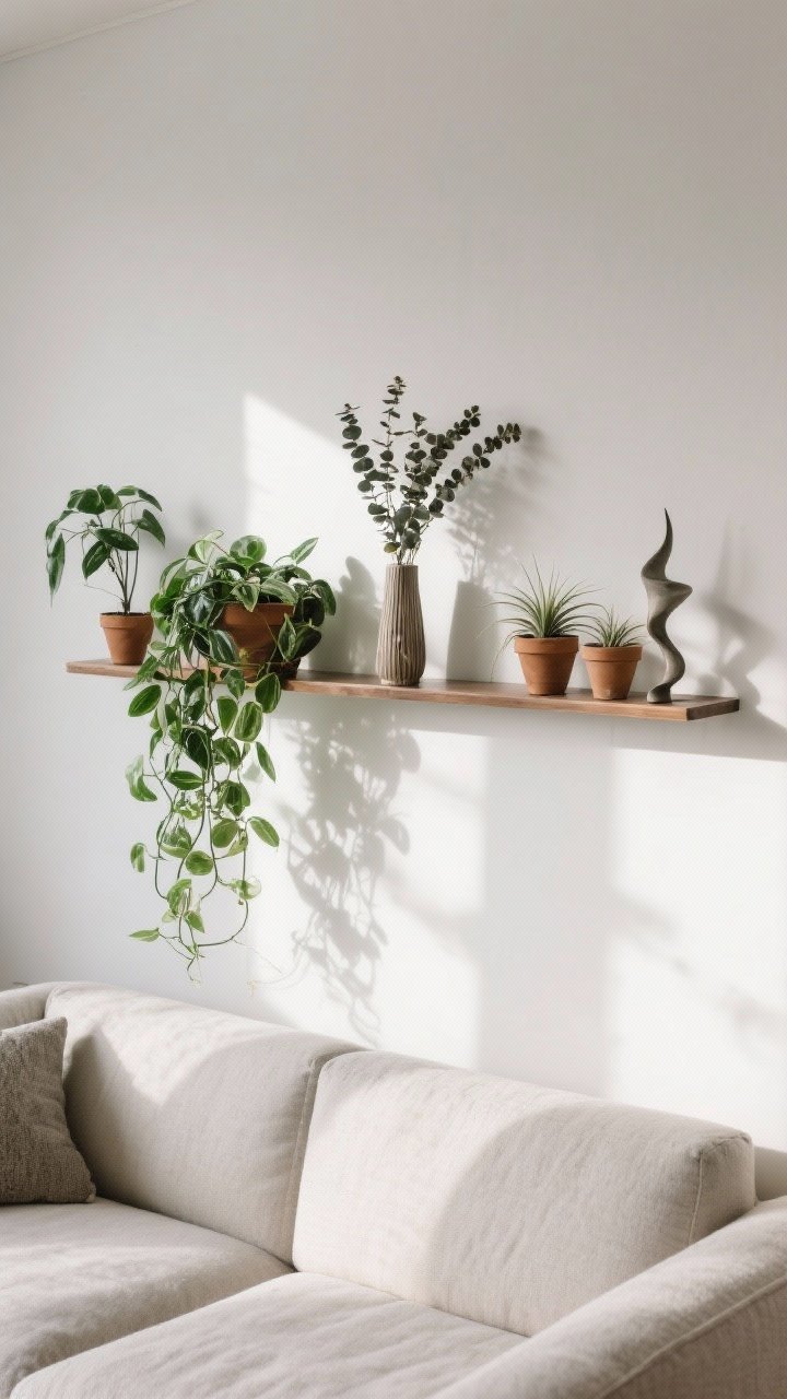 Medium, slightly overhead angle showing wall-mounted planters and a narrow shelf with small pots above the couch; mix of trailing pothos or philodendron cascading down, dried eucalyptus in a slim vase for texture, and a few air plants in sculptural holders; balanced arrangement against a simple wall; fresh, natural daylight enhances greenery and shadows; clean, modern feel without clutter.