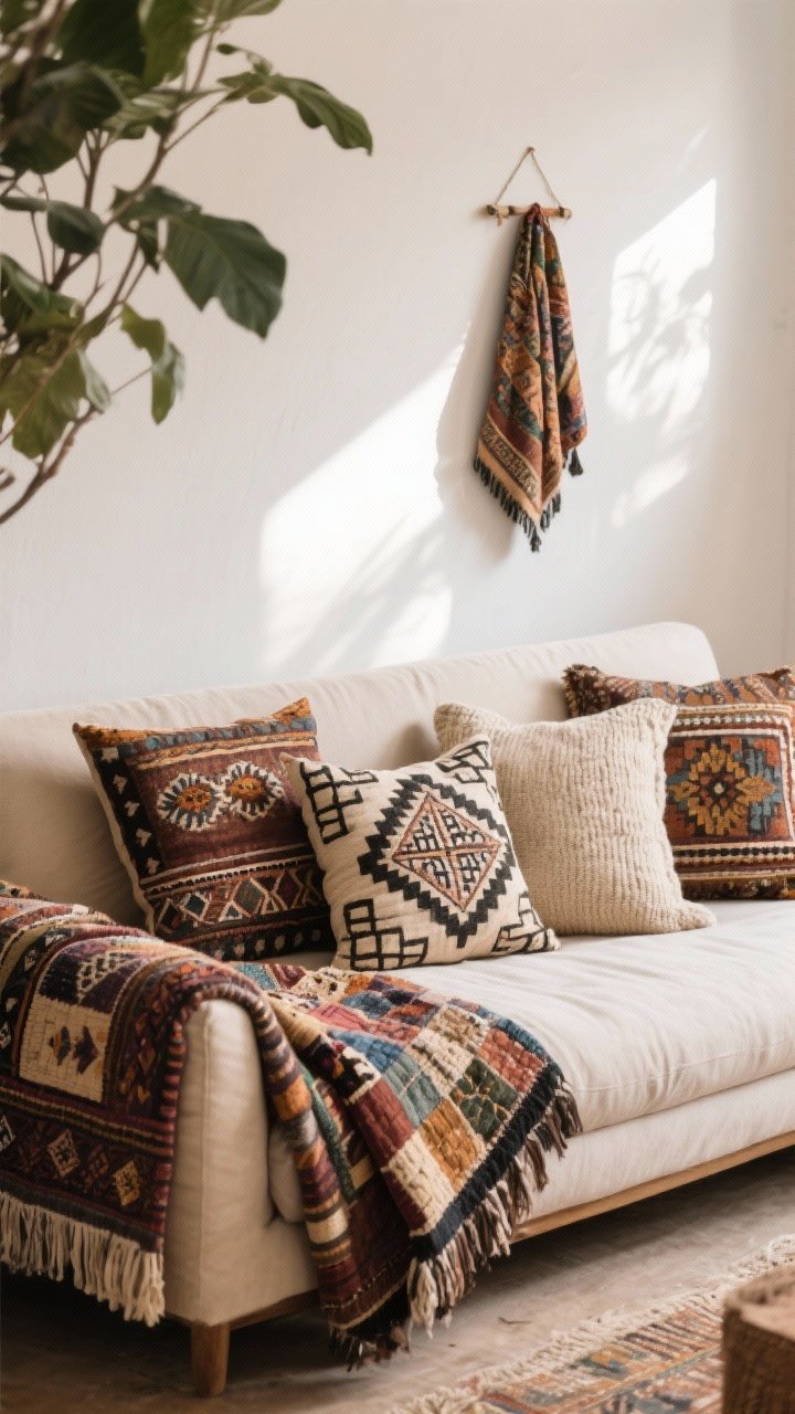 Medium sofa shot showcasing global textiles: a neutral base sofa layered with a kantha quilt draped over the arm, a mudcloth throw folded at the back, pillows mixing suzani motifs, block prints, and neutral knits; on the wall, a small vintage scarf hangs as a tapestry; natural daylight, collected-over-time mood.