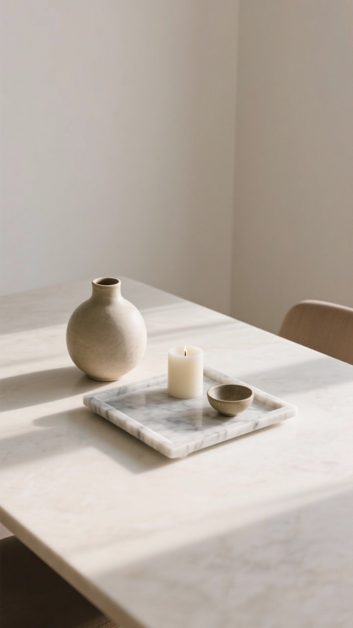 Medium, straight-on composition demonstrating symmetry/asymmetry balance: centered marble tray as anchor, a taller ceramic vase on one side and two smaller items (a candle and a small bowl) on the other. Use the 60/40 rule with visible open space on the table. Neutral palette, soft directional daylight creating gentle shadows.