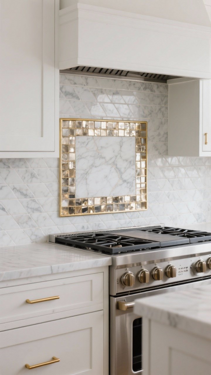 Medium straight-on shot featuring a marble field tile backsplash framed with thin brass pencil liners, plus an inset metallic-and-marble mosaic panel behind the range as a focal point. Include a stainless steel sheet splash guard directly behind the cooktop. White cabinets, matte finishes elsewhere to balance shine; controlled, glinting light; photorealistic.