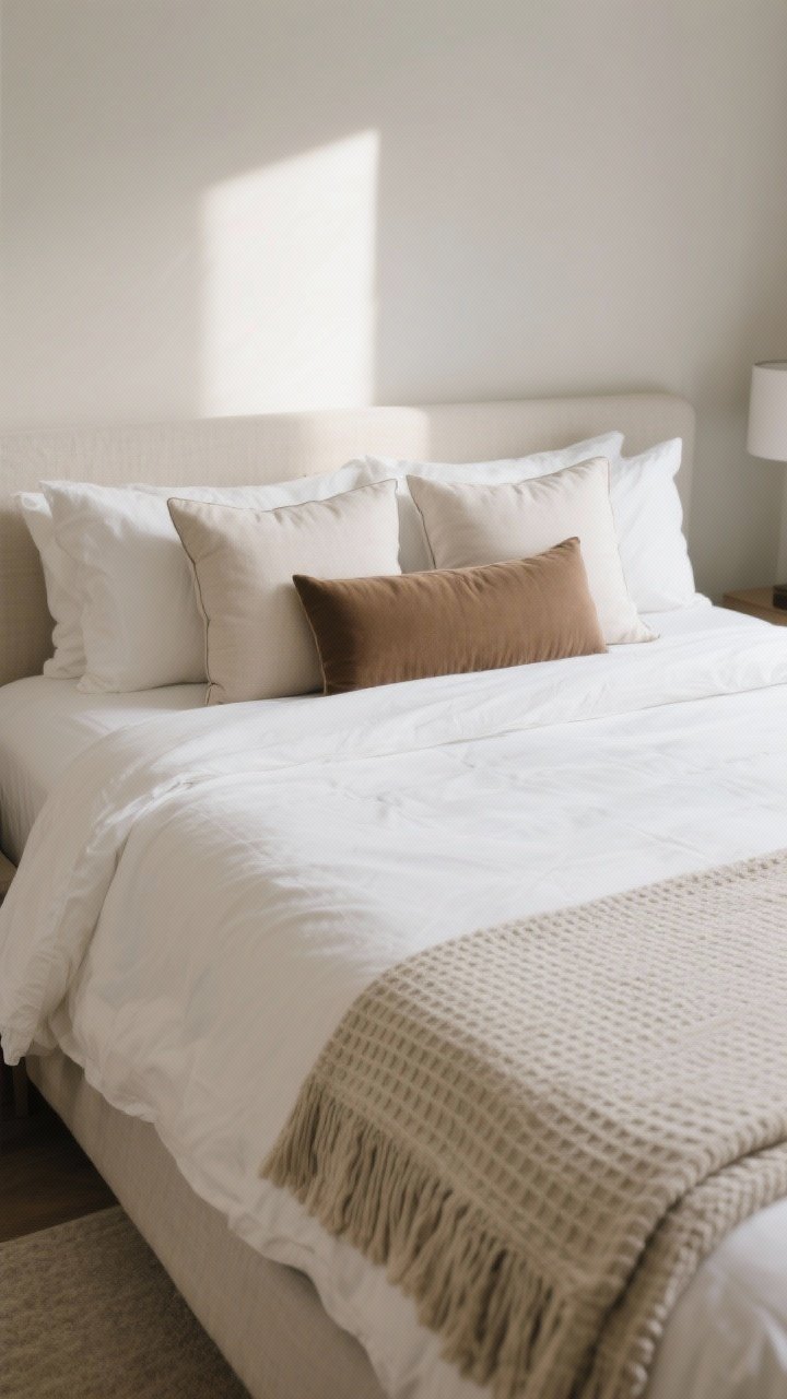 Medium, straight-on shot of a boutique-hotel-styled bed: crisp white percale or stonewashed linen sheets, lightweight duvet in bone with a linen cover, a waffle-texture blanket folded at the foot, and pillow arrangement of 2-4 sleeping pillows, 2 euro pillows, and one mocha-colored long lumbar; restrained, relaxed, and perfectly fluffed, with soft morning light.