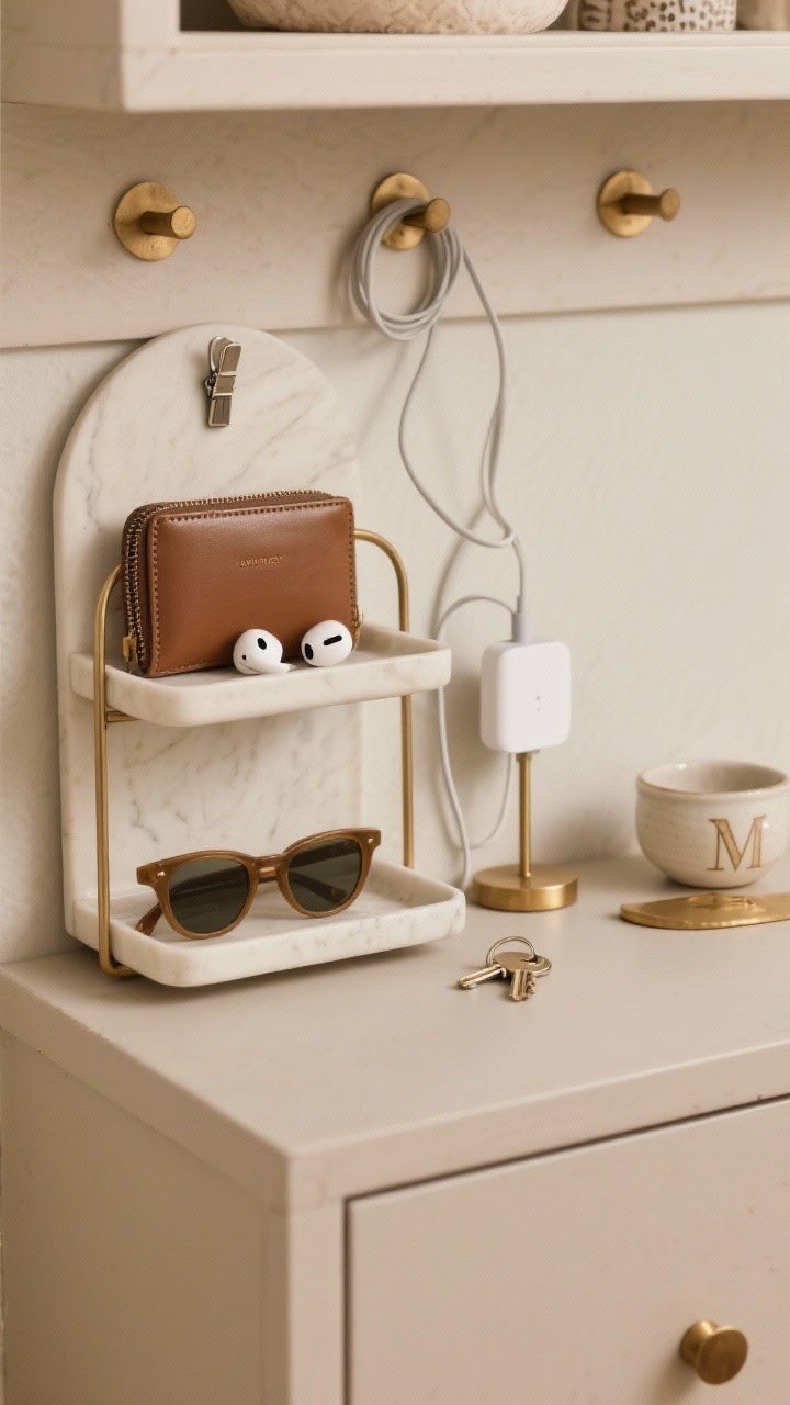 Medium straight-on shot of a chic drop zone: a tiered tray organizing wallet, AirPods, and sunglasses; a slim charging stand discreetly tucked behind decor with cables hidden using clips; a small monogrammed ceramic bowl for keys; subtle brass accents, balanced composition, warm neutral tones, practical yet stylish