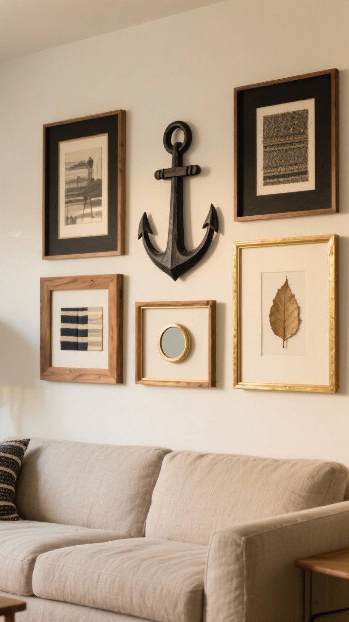 Medium, straight-on shot of a cohesive gallery wall above a couch, featuring a curated color palette; frames limited to black, natural wood, and gold; consistent 2–3 inch spacing between pieces; one larger anchor artwork at center with smaller pieces built around it; mix of portrait/landscape orientations; include a tiny round mirror, a framed fabric swatch, and a pressed leaf for texture; warm, even ambient lighting for clarity and unity.